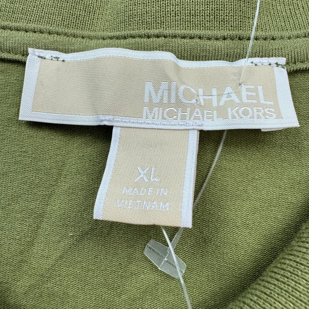 Michael Kors Polo Shirt Womens XL Smoky Olive Ruched Zip Front Designer Basic
